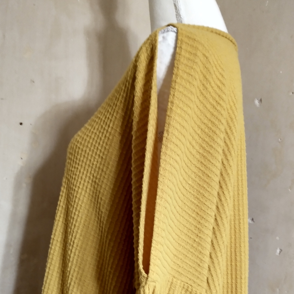 Mustard Yellow Waffle Knit Cold Shoulder Top - Picture 9 of 12